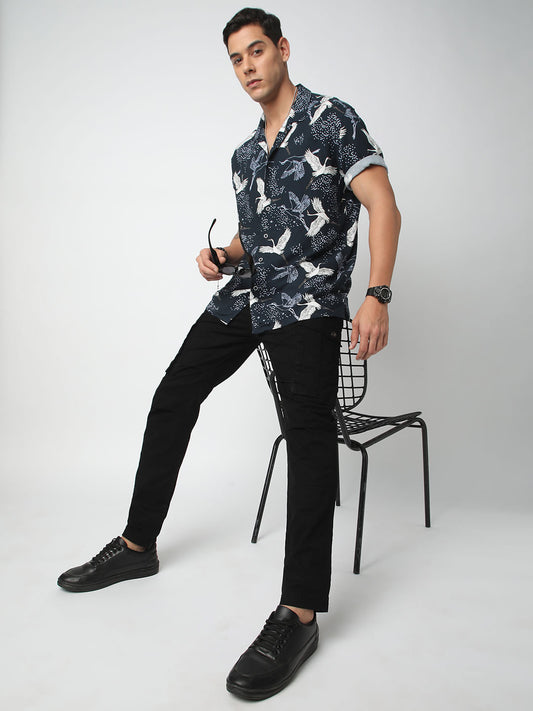 Navy Crane Printed Notch Collar Oversized Shirt