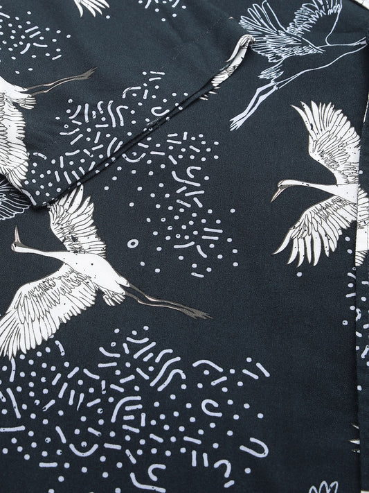 Navy Crane Printed Notch Collar Oversized Shirt