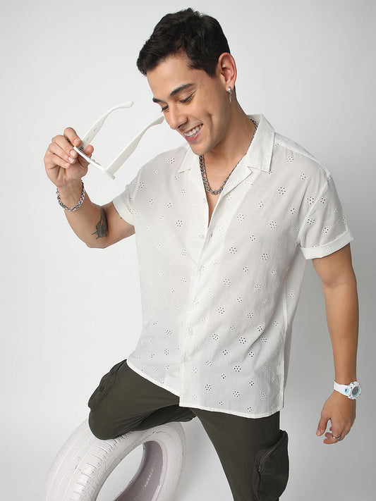 White Schiffli Oversized Notch Collar Shirt