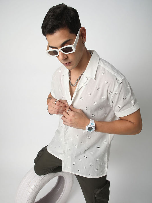 White Schiffli Oversized Notch Collar Shirt