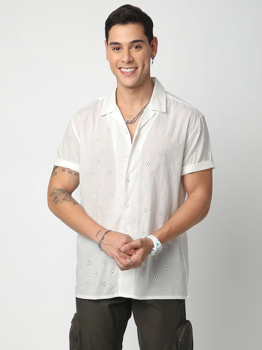 White Schiffli Oversized Notch Collar Shirt