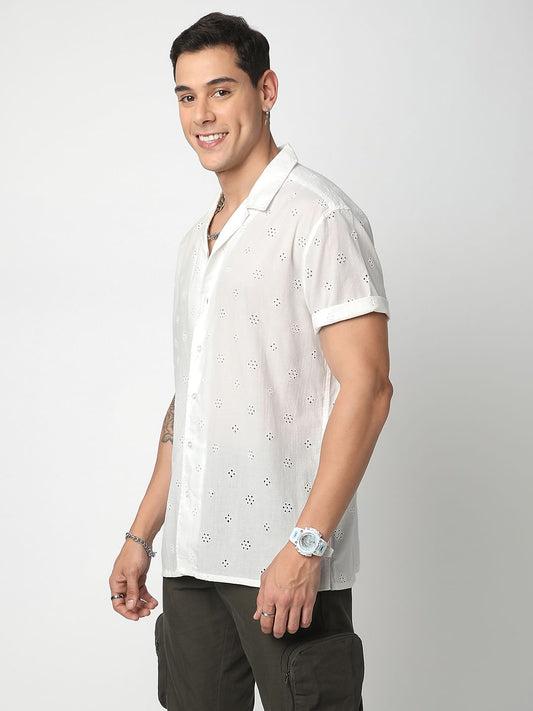 White Schiffli Oversized Notch Collar Shirt