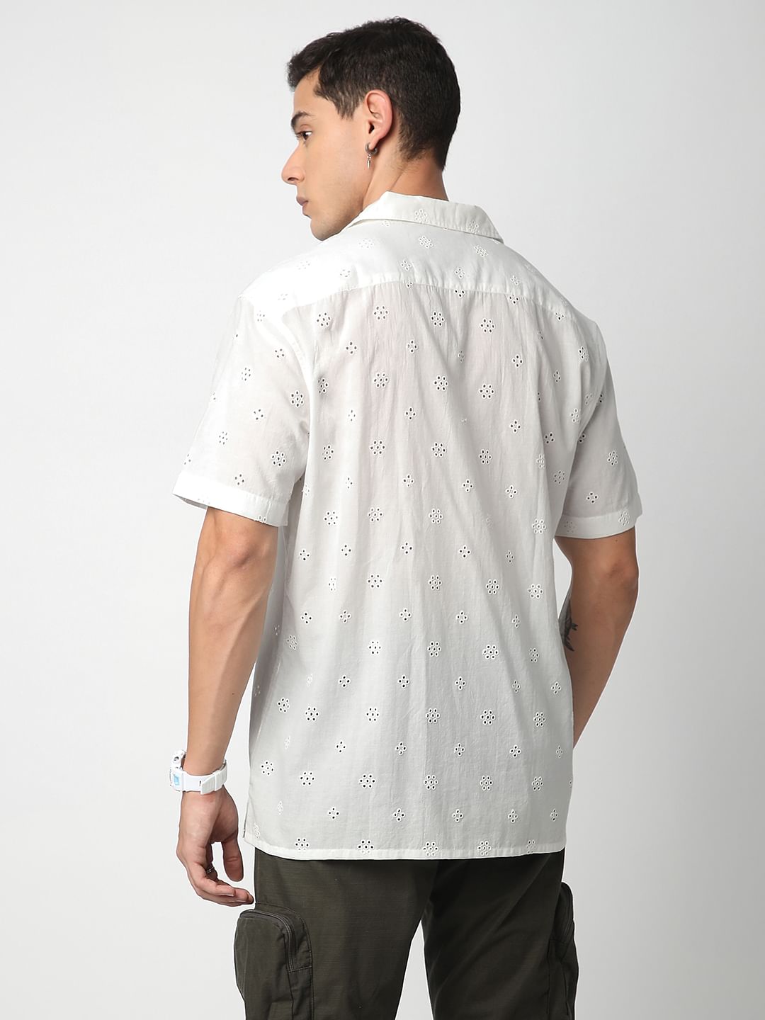 White Schiffli Oversized Notch Collar Shirt
