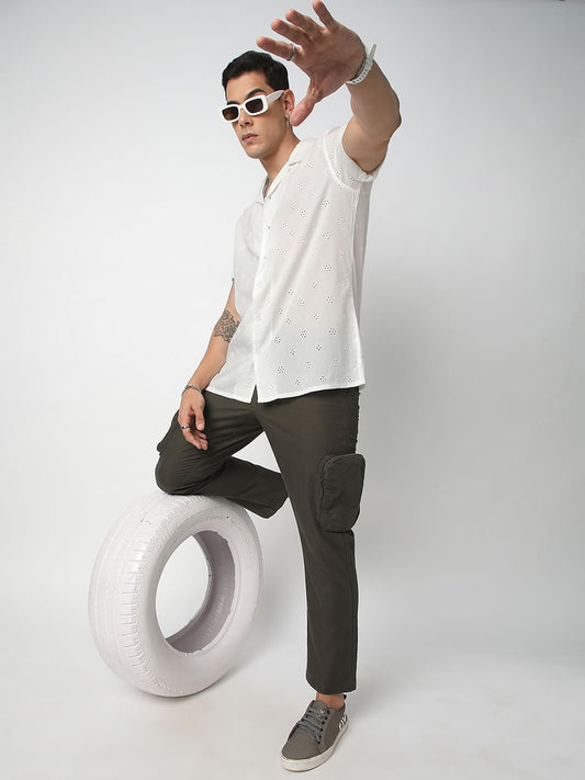 White Schiffli Oversized Notch Collar Shirt