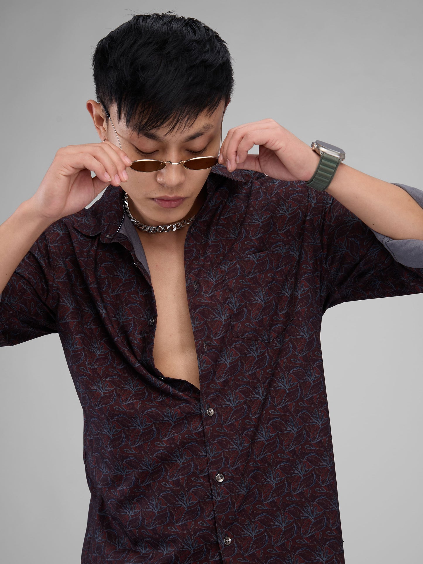 Ornate Burnt Maroon Leafy Printed Shirt