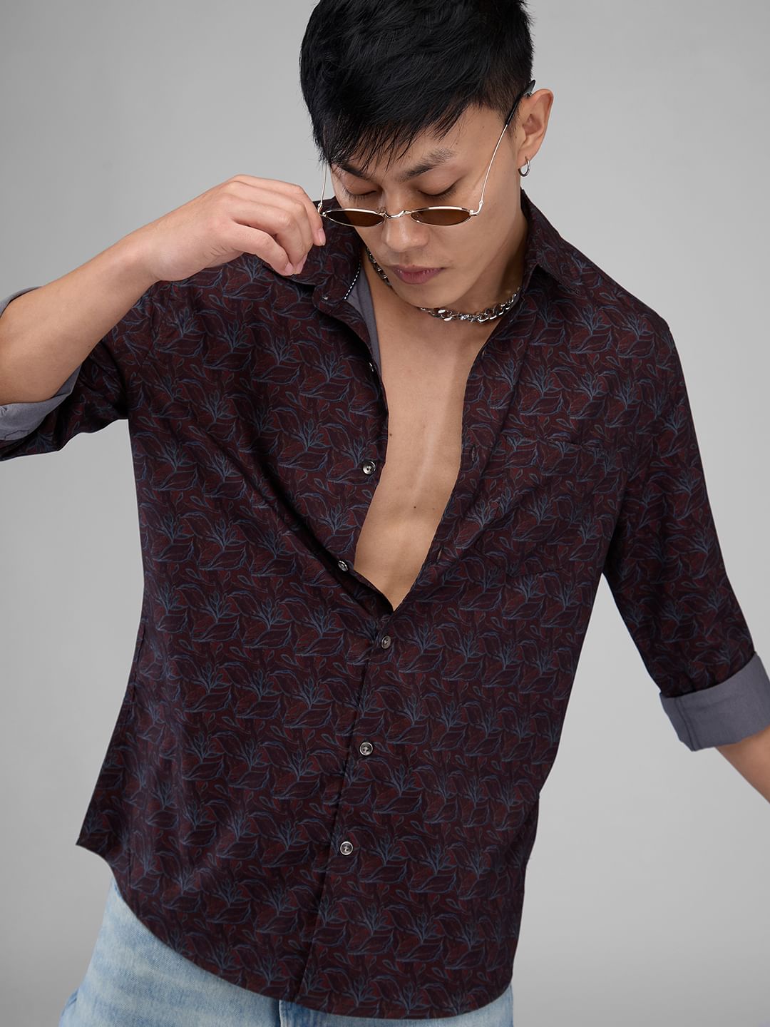Ornate Burnt Maroon Leafy Printed Shirt