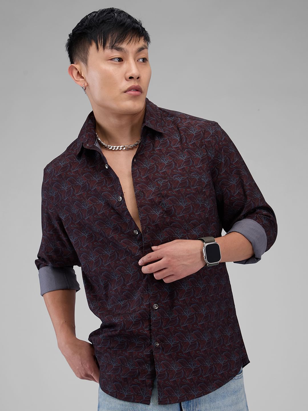 Ornate Burnt Maroon Leafy Printed Shirt