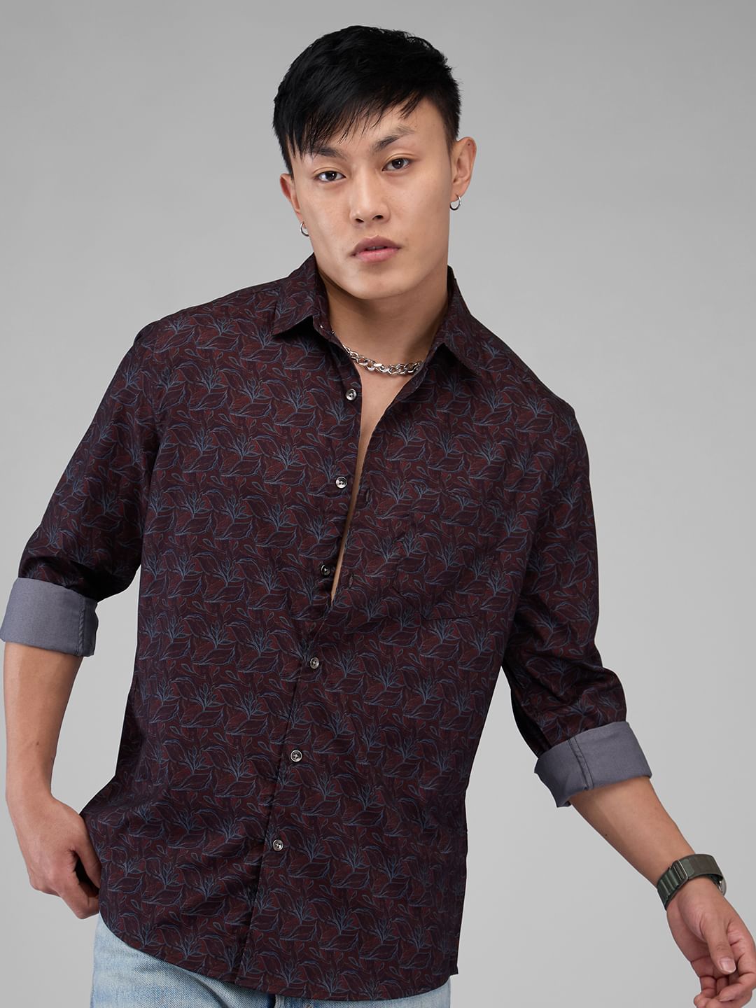 Ornate Burnt Maroon Leafy Printed Shirt