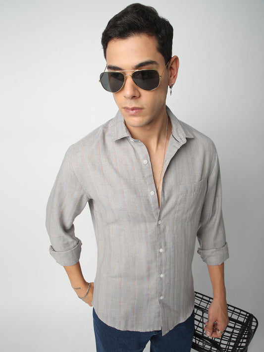Linen Evanesce Grey Multicolour Striped Shirt