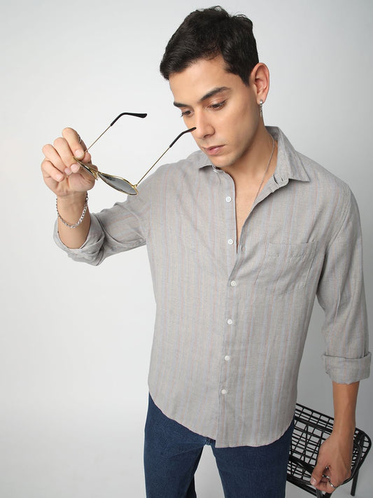 Linen Evanesce Grey Multicolour Striped Shirt