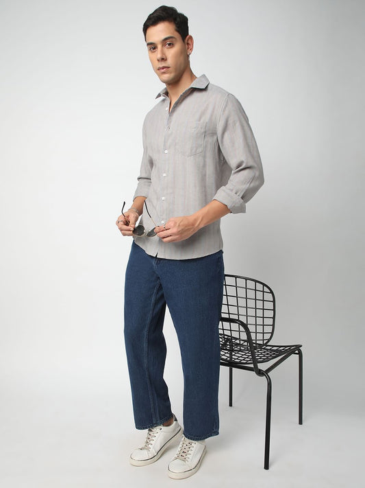 Linen Evanesce Grey Multicolour Striped Shirt
