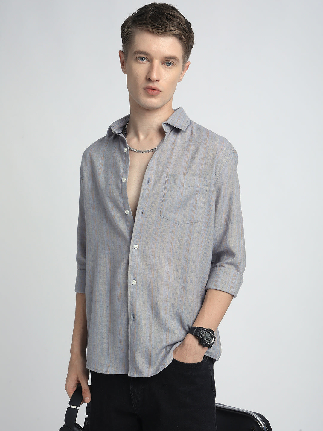Urban Static Linen Grey Multistripe Shirt