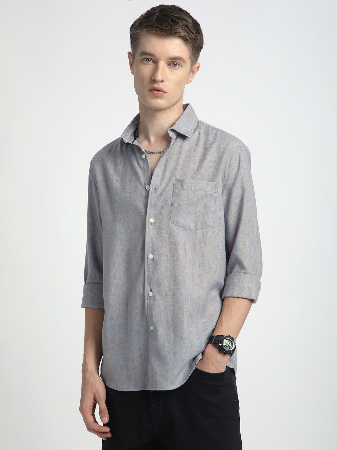 Urban Static Linen Grey Multistripe Shirt