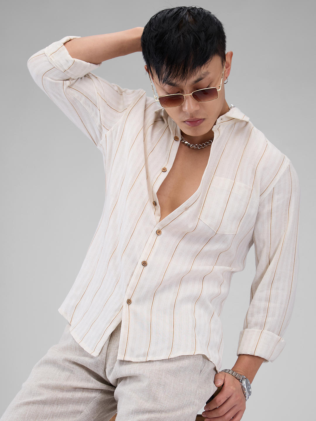 Meticulous Beige Vertical Striped Shirt