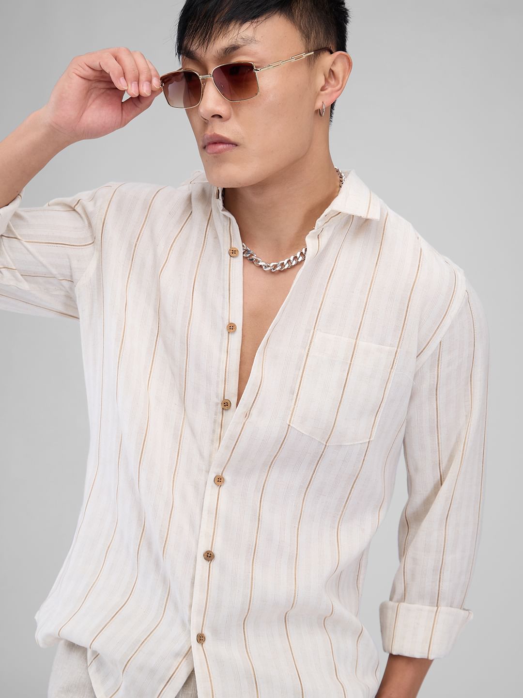 Meticulous Beige Vertical Striped Shirt