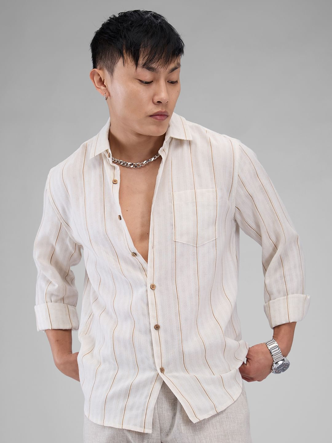 Meticulous Beige Vertical Striped Shirt