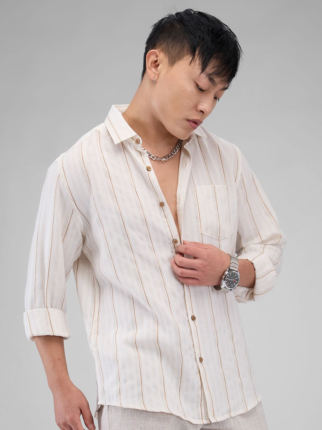 Meticulous Beige Vertical Striped Shirt