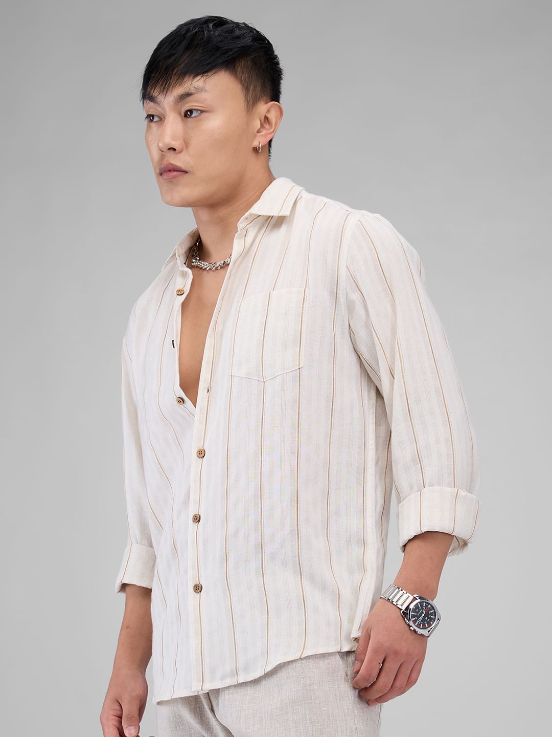 Meticulous Beige Vertical Striped Shirt