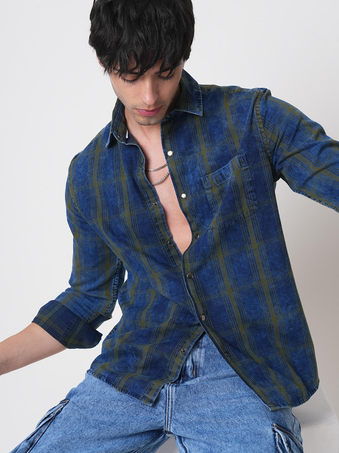 Evanesce Denim Green Plaid Checkered Corduroy Shirt