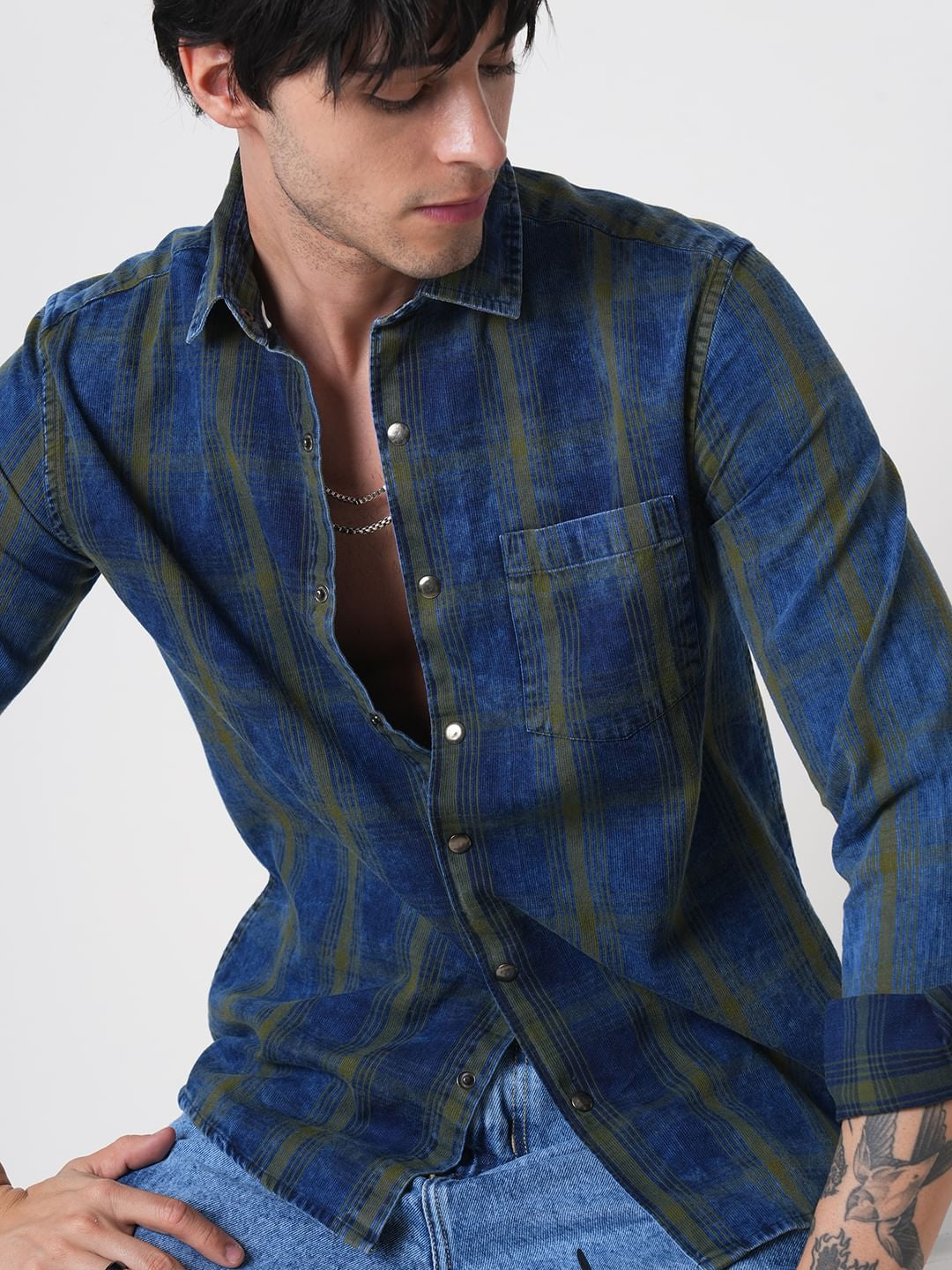 Evanesce Denim Green Plaid Checkered Corduroy Shirt