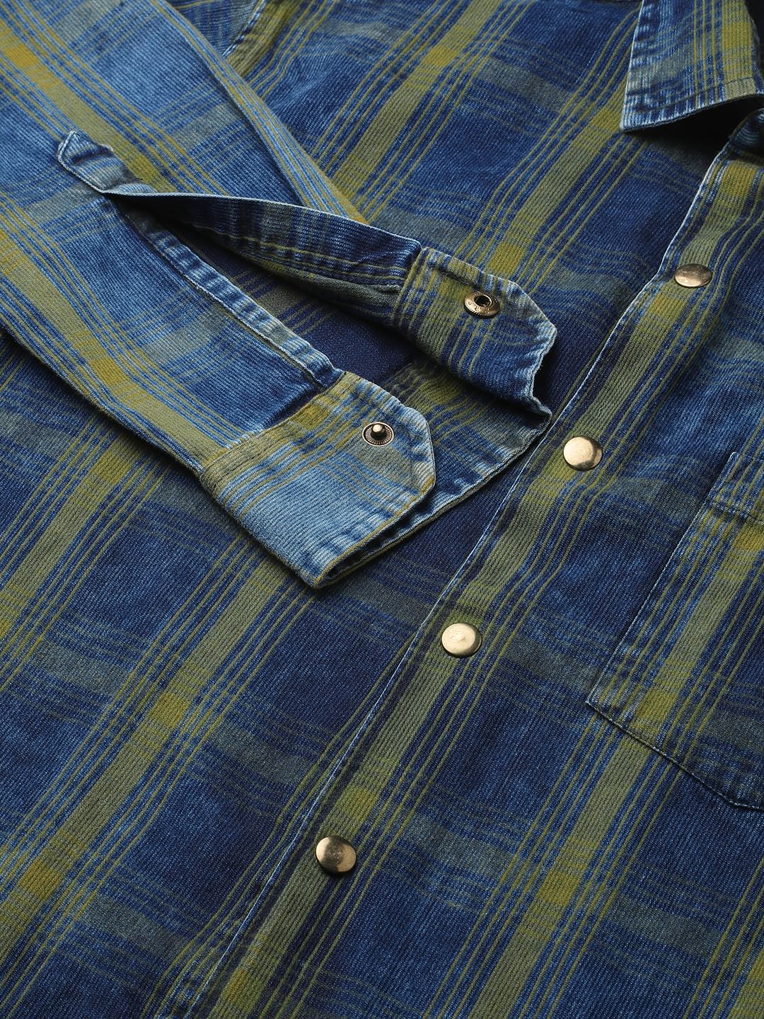 Evanesce Denim Green Plaid Checkered Corduroy Shirt