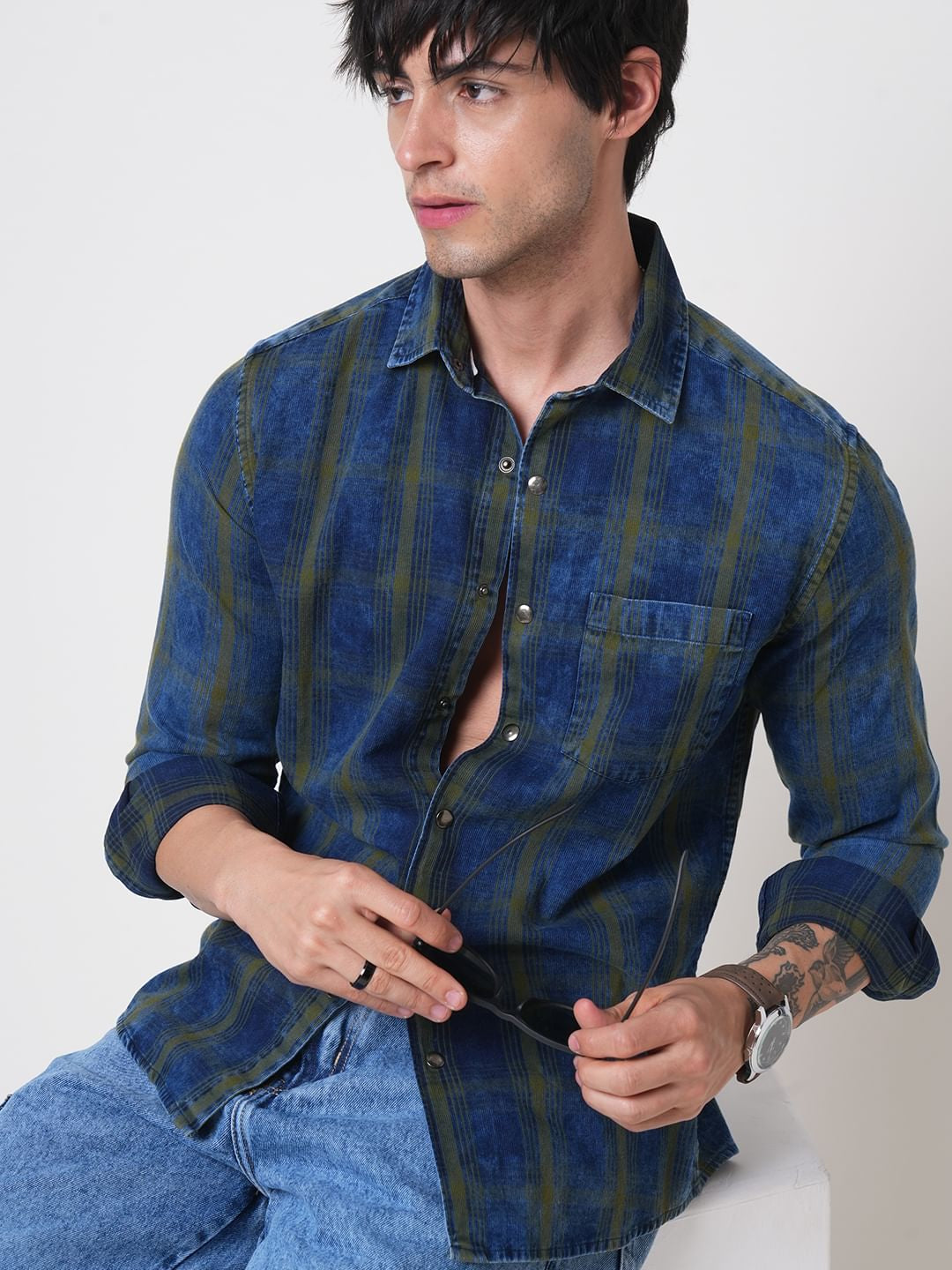 Evanesce Denim Green Plaid Checkered Corduroy Shirt