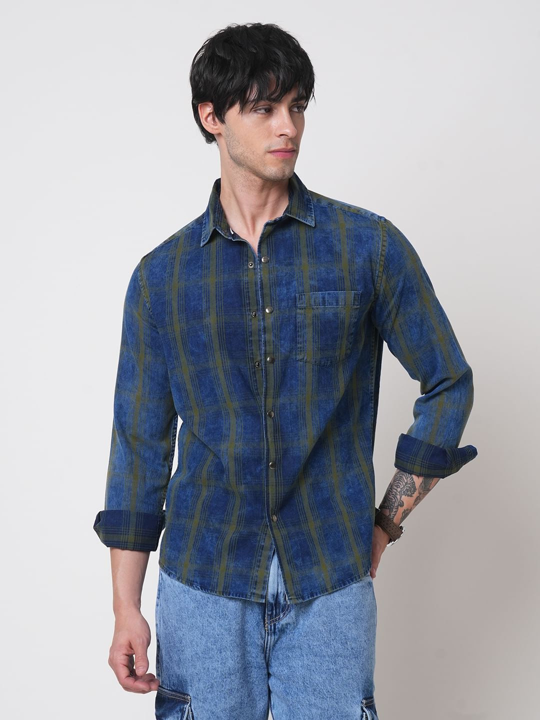 Evanesce Denim Green Plaid Checkered Corduroy Shirt