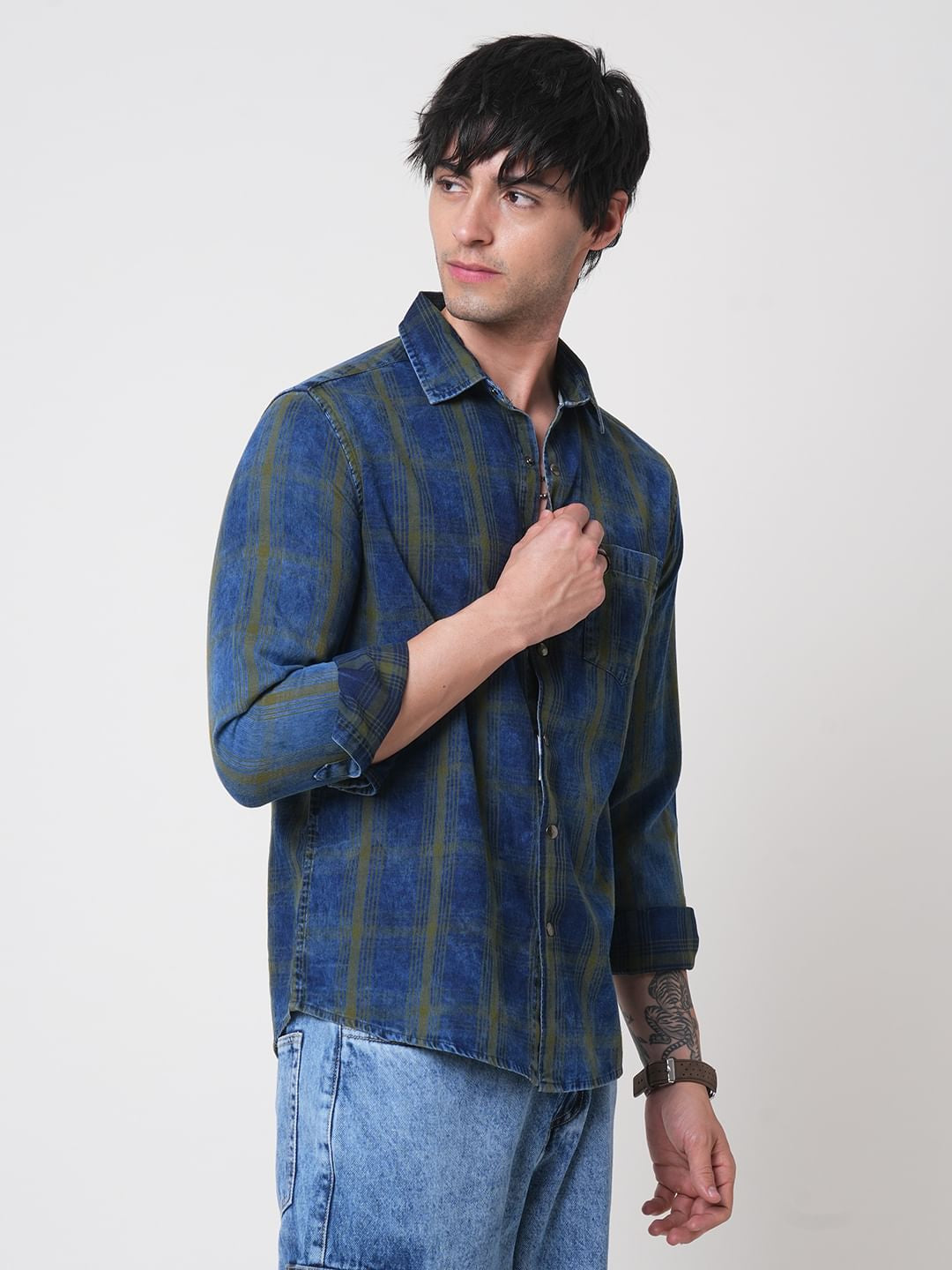 Evanesce Denim Green Plaid Checkered Corduroy Shirt