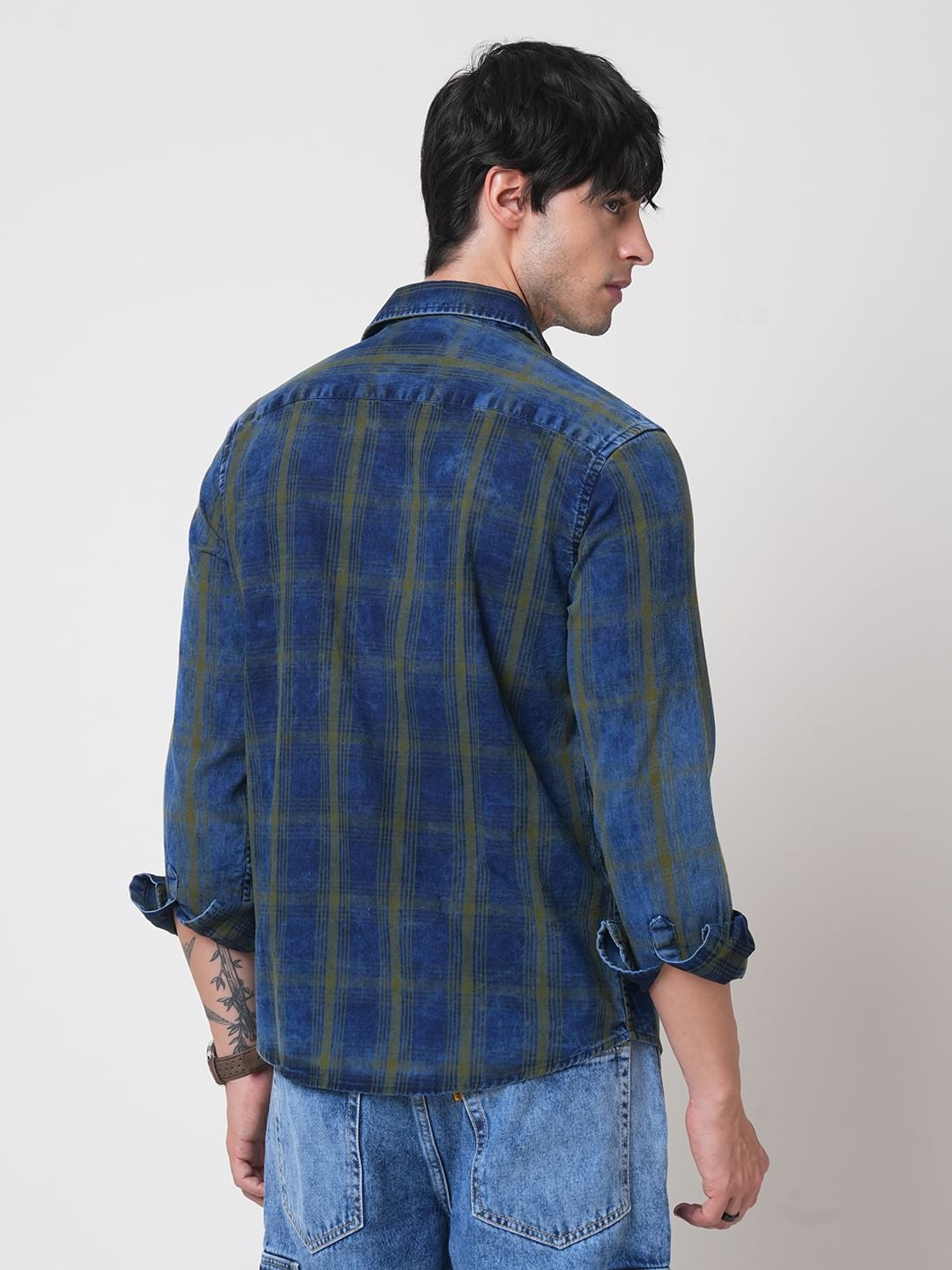 Evanesce Denim Green Plaid Checkered Corduroy Shirt