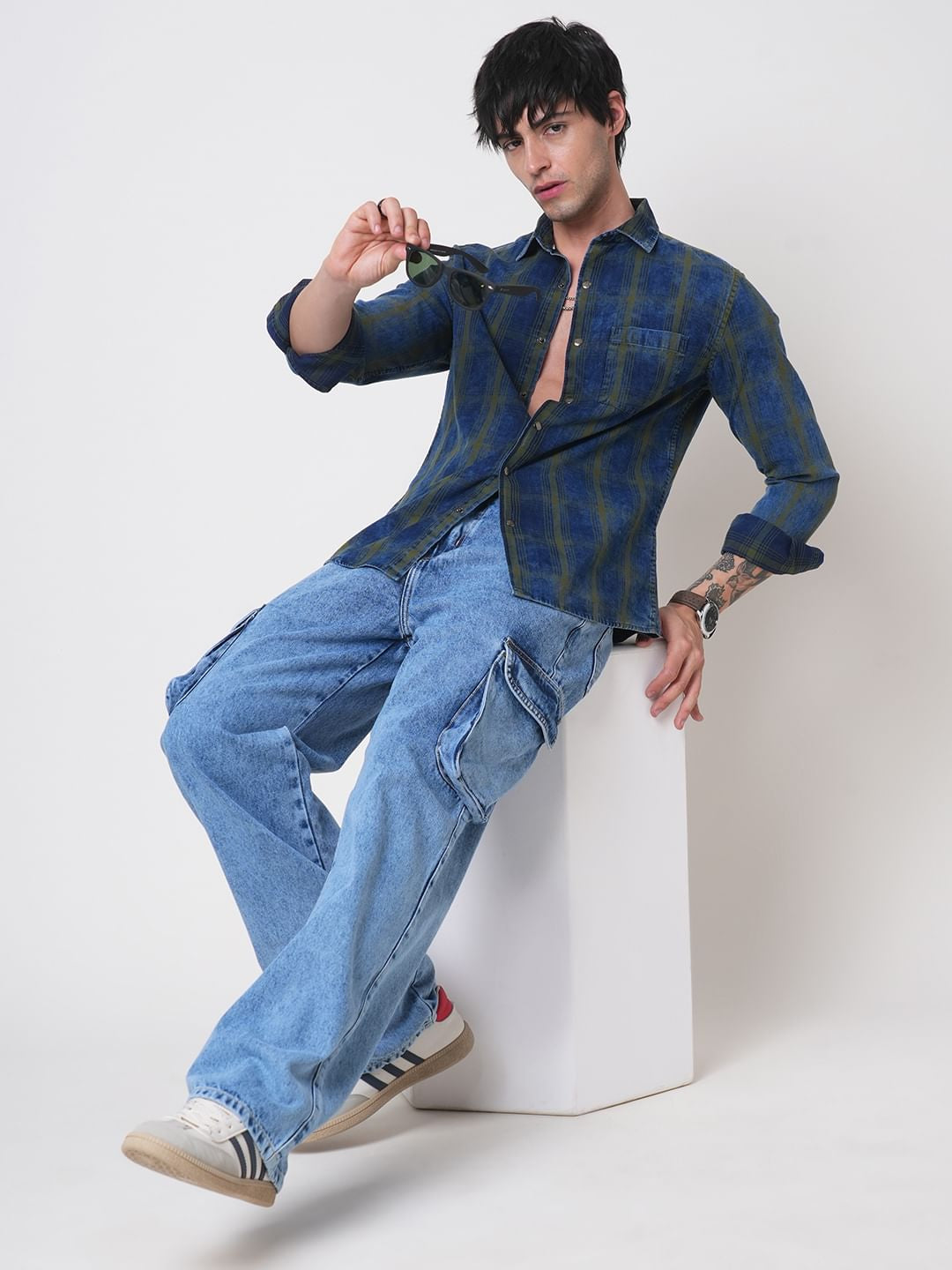Evanesce Denim Green Plaid Checkered Corduroy Shirt