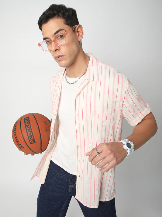 Premium Cotton White & Pink Dobby Striped Oversized Shirt