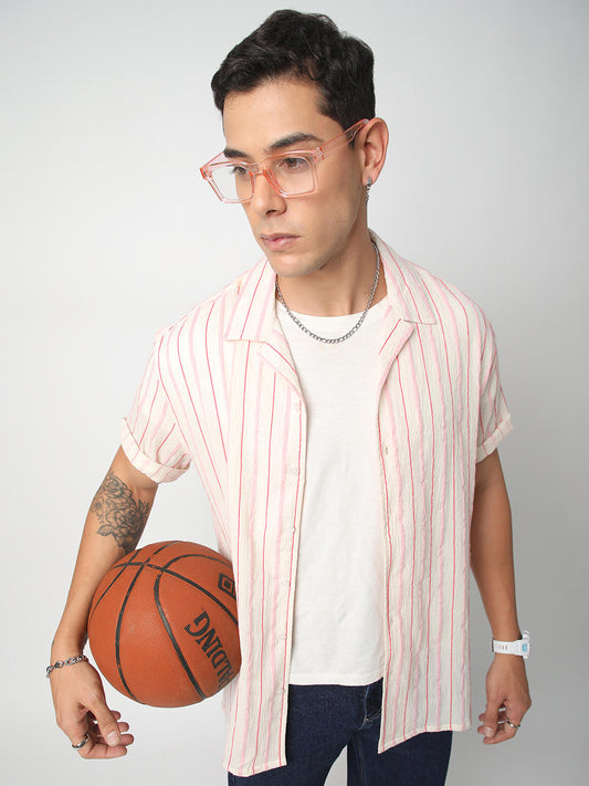 Premium Cotton White & Pink Dobby Striped Oversized Shirt