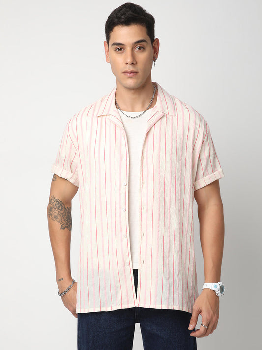Premium Cotton White & Pink Dobby Striped Oversized Shirt