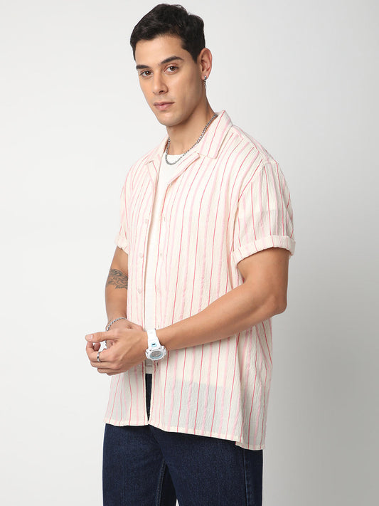 Premium Cotton White & Pink Dobby Striped Oversized Shirt