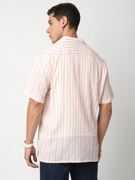 Premium Cotton White & Pink Dobby Striped Oversized Shirt