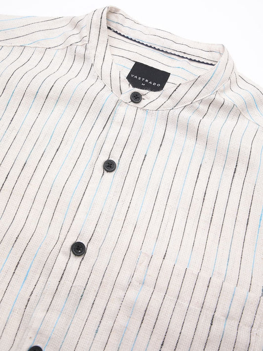 Ritzy Ivory Dobby Striped Mandarin Shirt