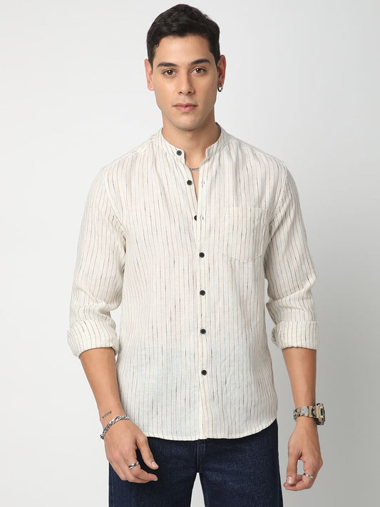 Ritzy Ivory Dobby Striped Mandarin Shirt