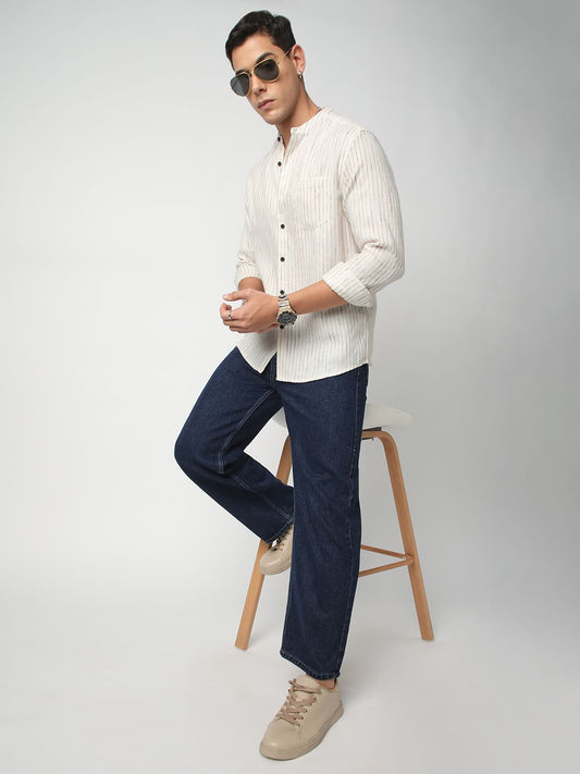 Ritzy Ivory Dobby Striped Mandarin Shirt