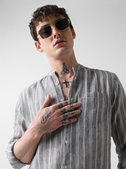 Navy & White Textured Vertical Striped Shirt