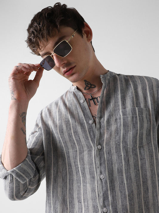 Navy & White Textured Vertical Striped Shirt