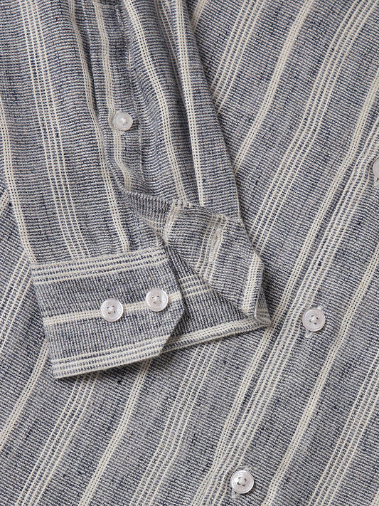 Navy & White Textured Vertical Striped Shirt