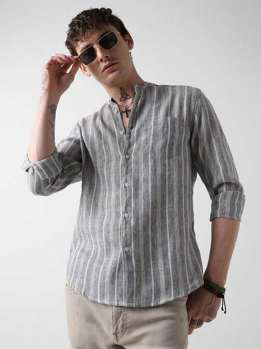 Navy & White Textured Vertical Striped Shirt