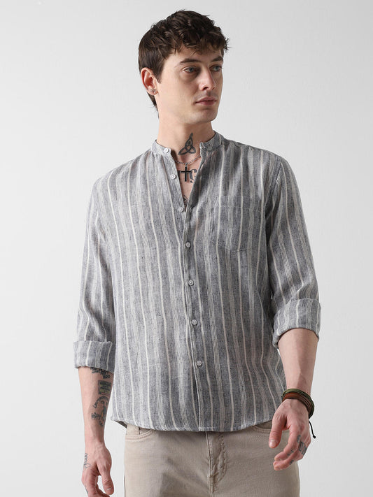 Navy & White Textured Vertical Striped Shirt