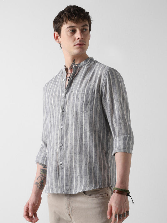 Navy & White Textured Vertical Striped Shirt