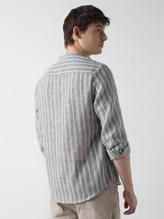 Navy & White Textured Vertical Striped Shirt