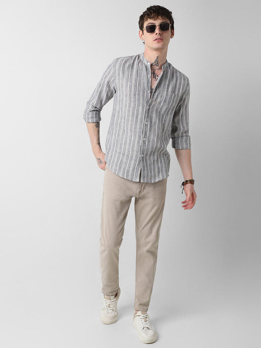 Navy & White Textured Vertical Striped Shirt