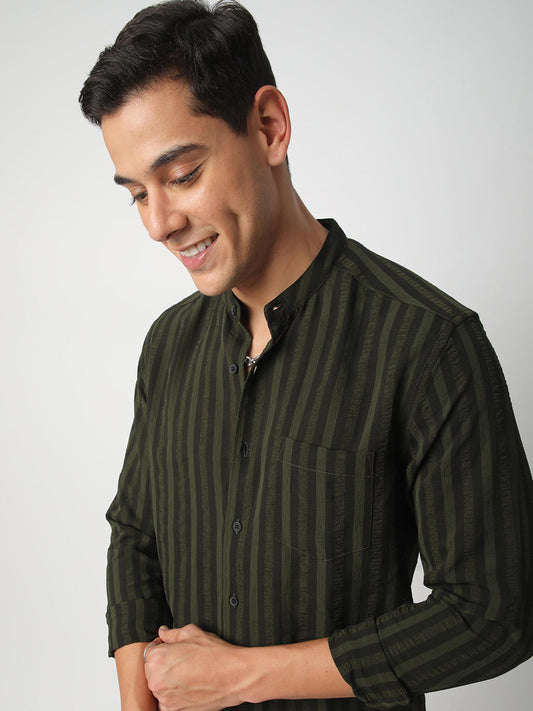 Olive & Black Striped Crinkled Mandarin Collar Shirt