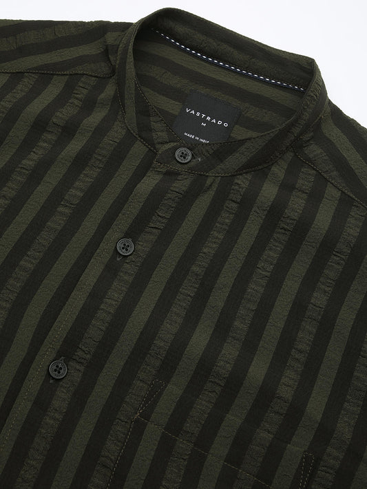 Olive & Black Striped Crinkled Mandarin Collar Shirt