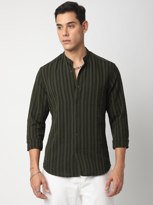 Olive & Black Striped Crinkled Mandarin Collar Shirt