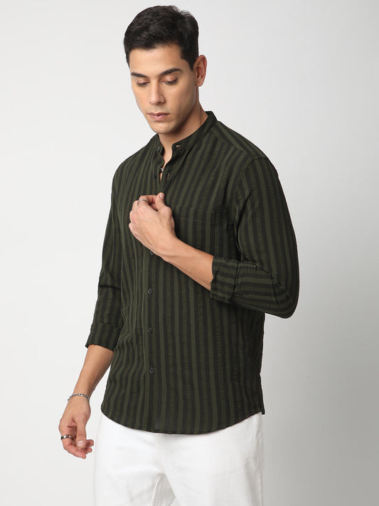 Olive & Black Striped Crinkled Mandarin Collar Shirt